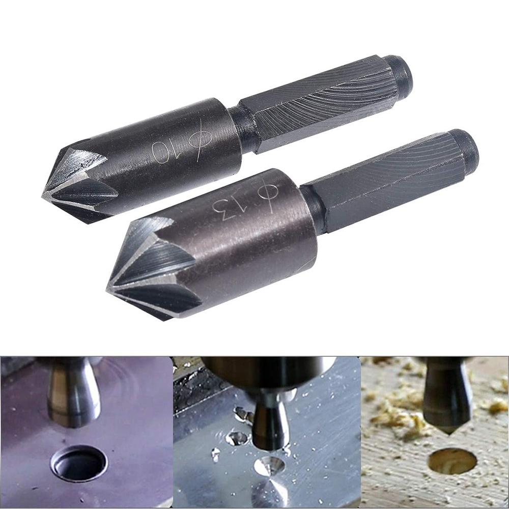 A34R 2Pcs 7 Flute Countersink Drill Bit Set Hex Shank Chamfer Countersink Drill Bit Deburring Cutter Woodworking Tool
