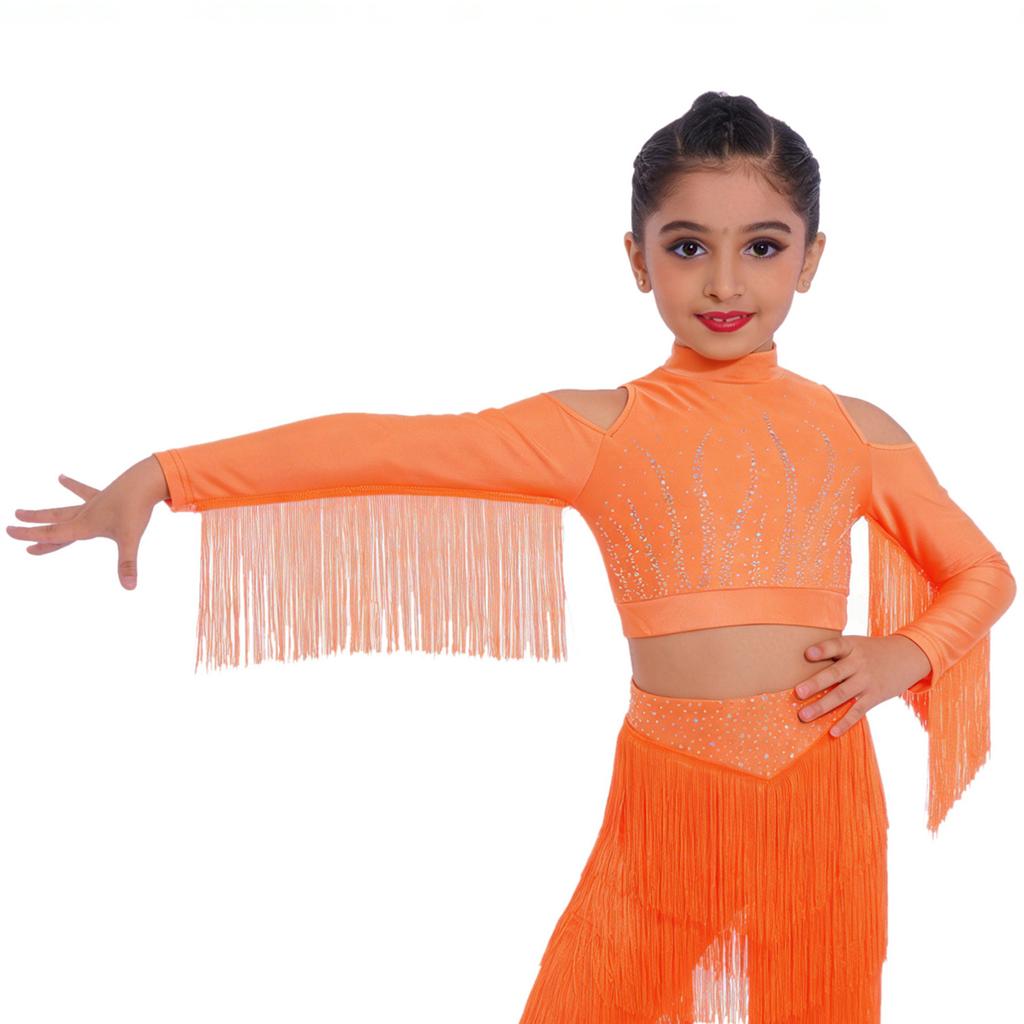 Girls Latin Dance Tops Tassels Long Sleeves Back Invisible Zipper Shiny Rhinestones Crop Top