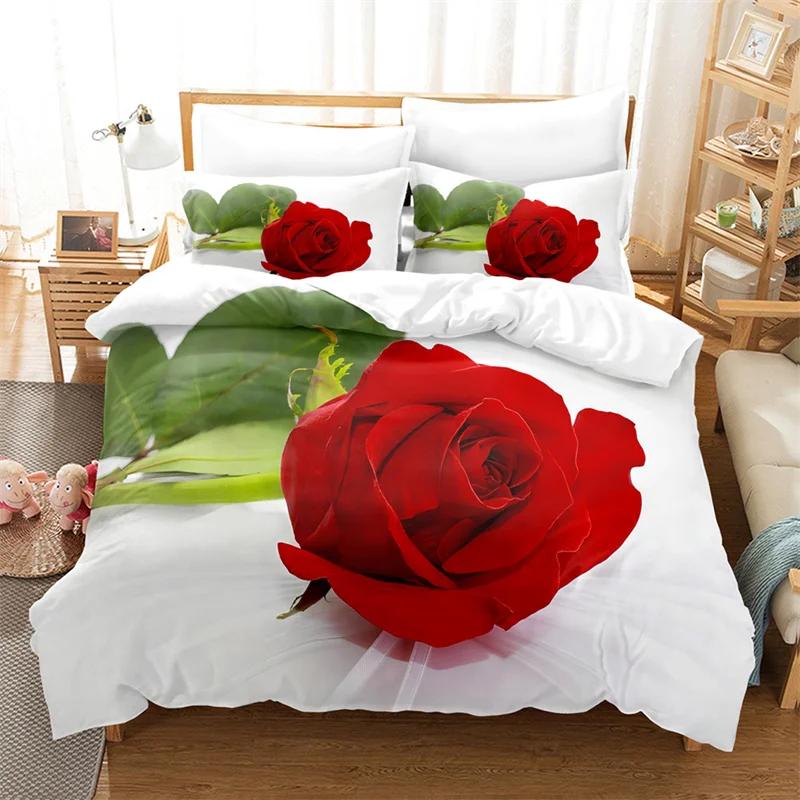 Comforter Rose Flower Bedding Set 4Pcs Pink Red 200X230 For Double Bed 3D Bedsheet 230X230 Full Size Thin Fabric