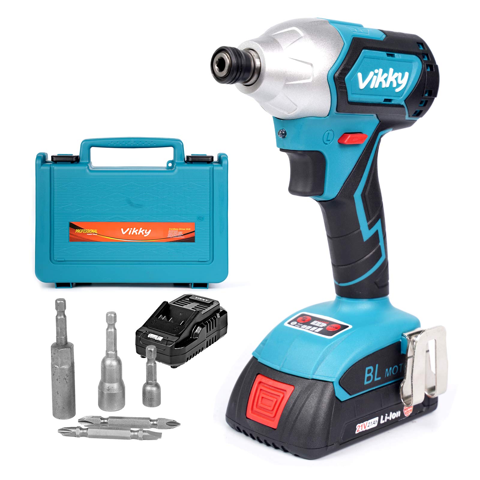 

Vikky 20V Brushless Motor Impact Driver Brushless Wireless Impact Driver 2400RPM 2.0Ah 4-Speed Kit, 1/4 Inch, 330NM,