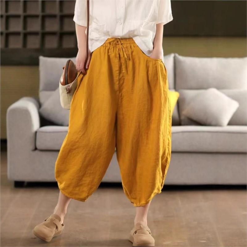 Johnature Women Harem Pants Elastic Waist Pockets Belt Trousers Summer Solid Color Loose Female Calf Length Pants