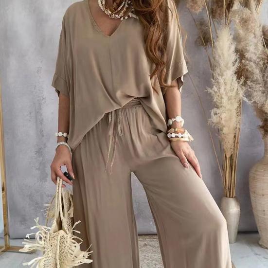 2Pcs/Set Women Summer V-neck Batwing Half Sleeve Tops High Waist Elastic Waistband Wide