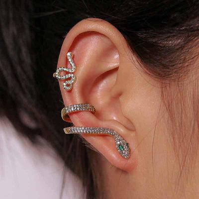 Gold Zircon Snake Earrings: 3D Animal Ear Clips with Full Diamond Design