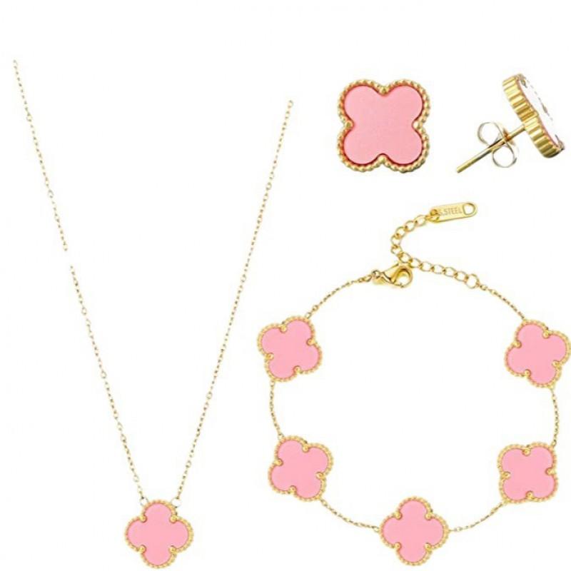 13mm Clover Pendant Necklace Earrings Bracelet Set Women Stainless Steel Cross Chain Pearl Shell Floral Jewelry