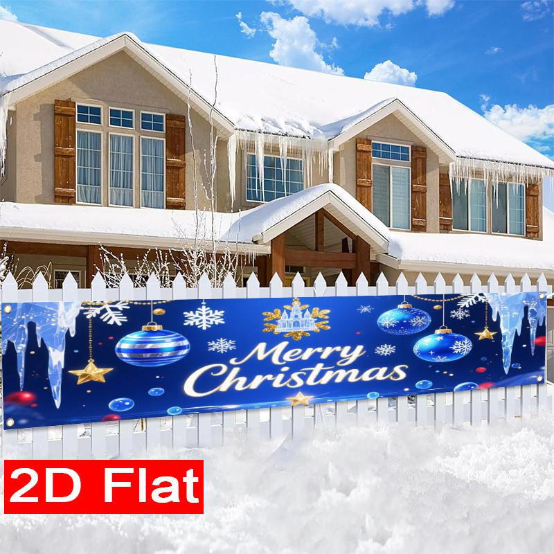 Blue Silvery Christmas Yard Banner, Merry Christmas Xmas Text Design, Polyester Outdoor Porch Fence Wall New Year Party Supplies