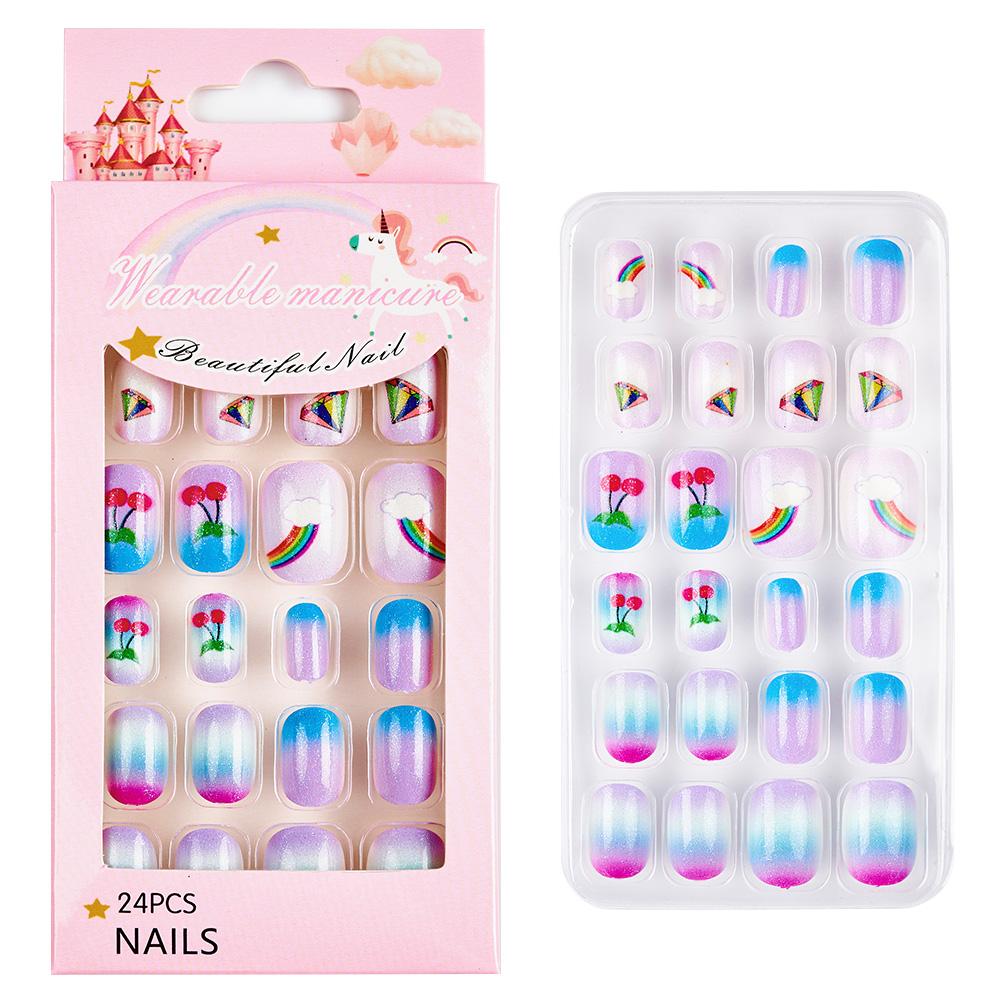 24pcs/box Candy Kids False Nail Cartoon Full Cover Press On Fake Nails Tips Kawaii Acrylic Artificial Fingernails for Girls