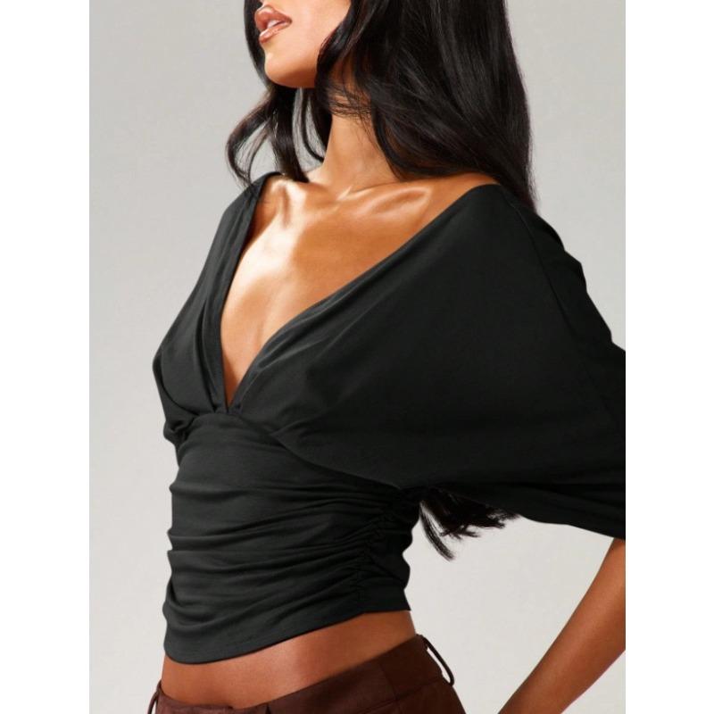 Spring and Summer Fashion Sexy V-Neck Batwing Sleeve A-Line Short-Sleeved Women s Top S