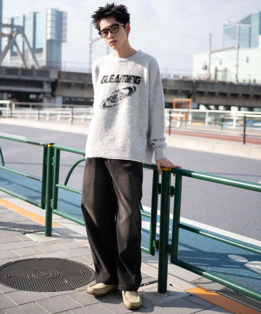 WEGO Unisex Shaggy Graphic Pullover Sweater Knit Oversized Big Size M Top, Casual, Silhouette, Gift, Present, Spring, Autumn, Winter, Men's, Gray,