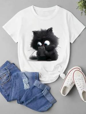 Kurzarm Freizeit-T-Shirt für Katzenliebhaber Stoff Skurriler Cartoon-Katzenprint T-Shirt Rundhalsausschnitt