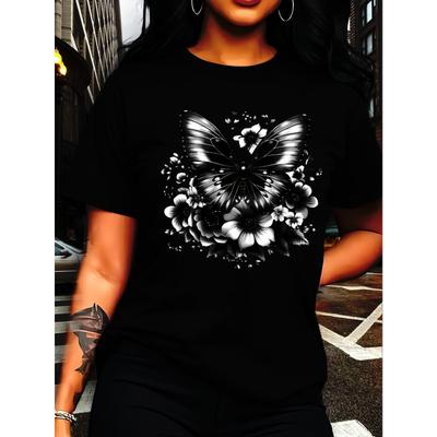 T-shirt da Donna Nera Girocollo Manica Corta Stampa Farfalla Bianco Nero Floreale Vestibilità Aderente Tendenza Design Unico Street Casual Indumento Quotidiano Top