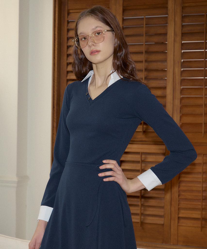 Salon De Yon Shirt Detail Jersey Dress_ Navy