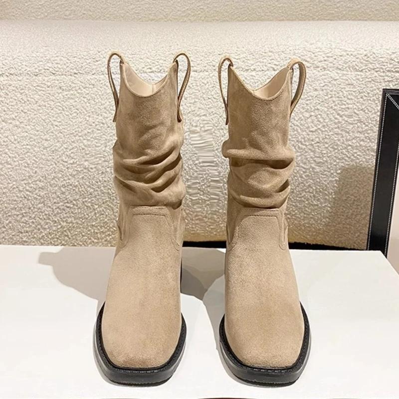 Fashion Luxury Women's Boots Fall Square Heel Ankle Boots Fashion Pleated Designer High Heels for Women New Suede Chelsea Boots Zapatos