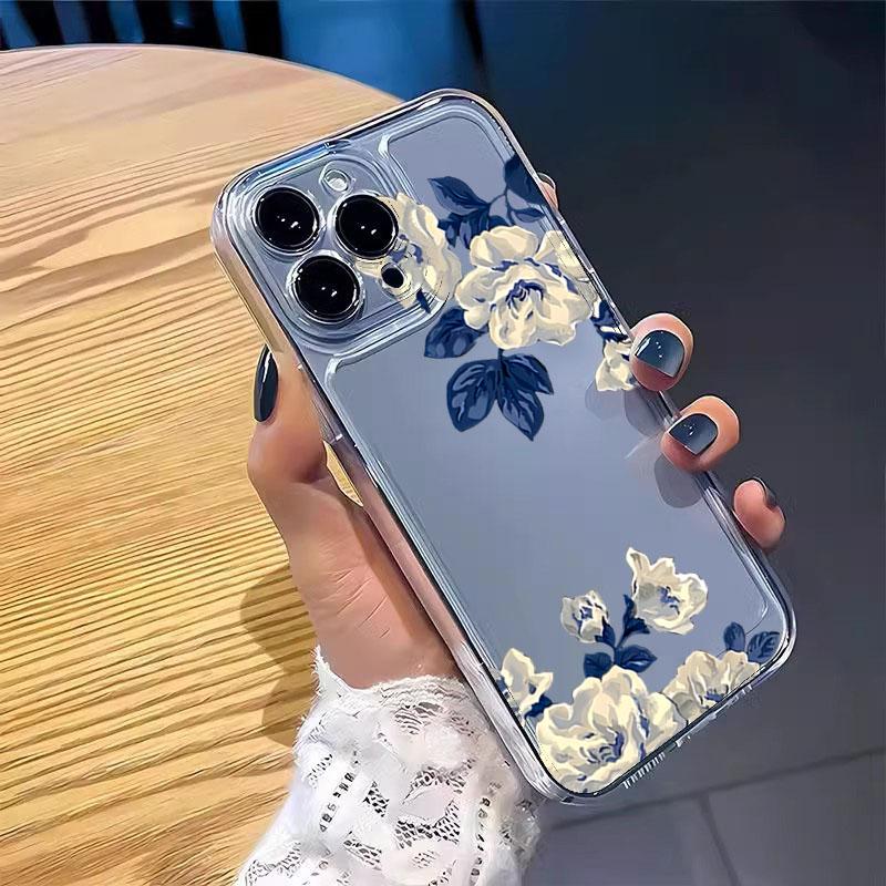 Blue Leaf White Flower Pattern Transparent Phone Case for Samsung Galaxy A56 A55 A35 A36 A15 S25 Ultra S24 FE S23 S22 Plus Cover