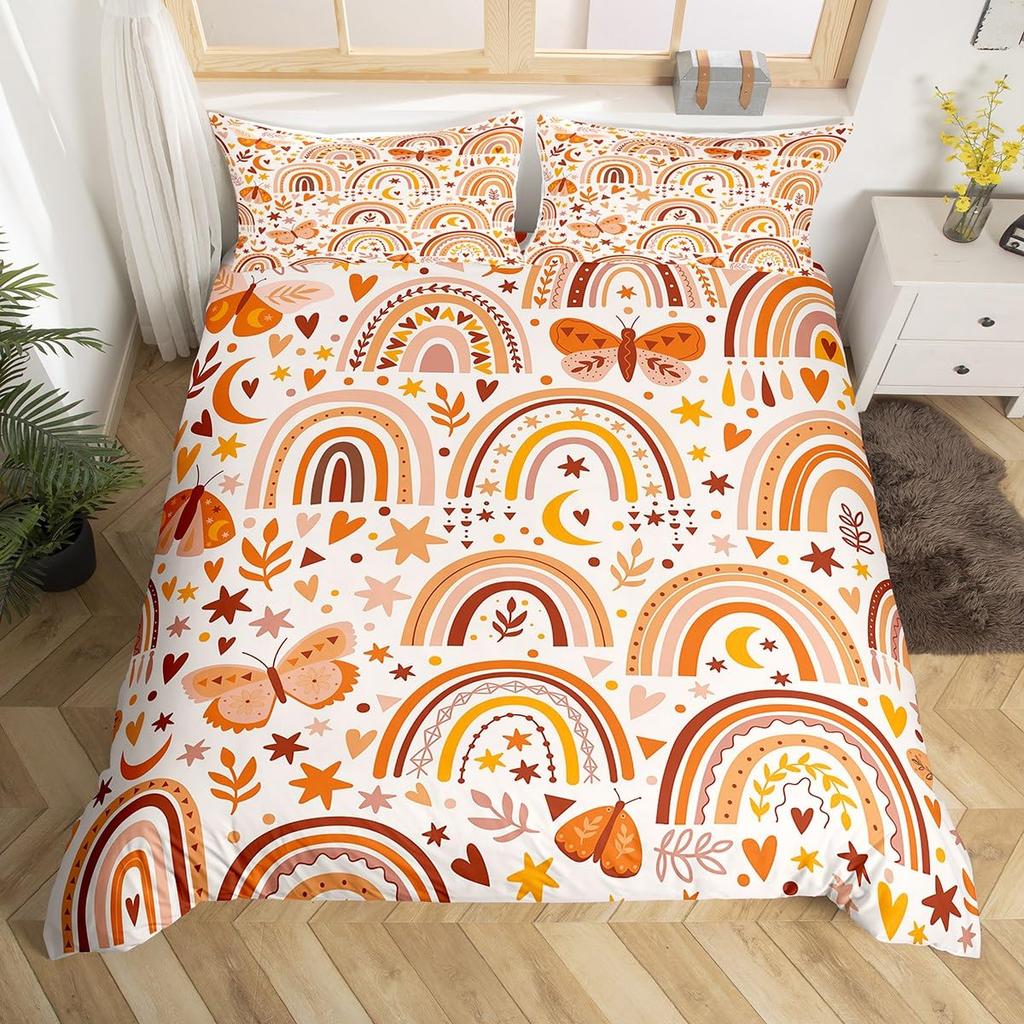 Kids Cartoon Rainbow Duvet Cover Twin Queen Cute Butterfly Flower Leaves Bedding Set for Girl Boys Dream Catcher Comforter Cover