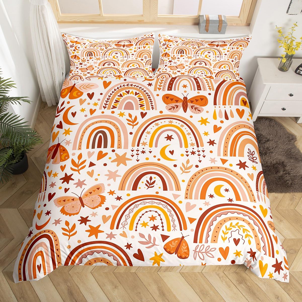 

Children Kids Carton Rainbow Soft Duvet Cover Twin Quen Lovely Buterfly Flower Leaves Beding Set for Girl Young Boys Dream Catcher Warm Comforter 135*200cm Eu-Single