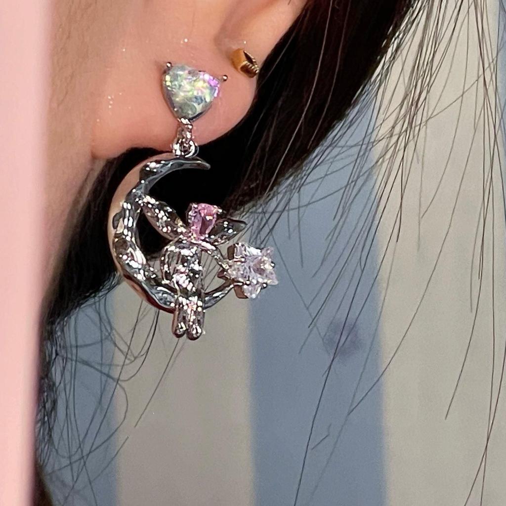 Love Zircon Star Stud Earrings Popular Summer Earrings Niche Design Moon Elf Earrings