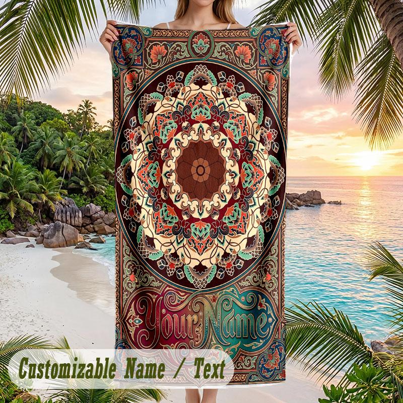 Mandala Art Cover Theme Quick Dry Beach Towel Custom Name Text Print Large Sand Resistant Towel Beach Vacation
