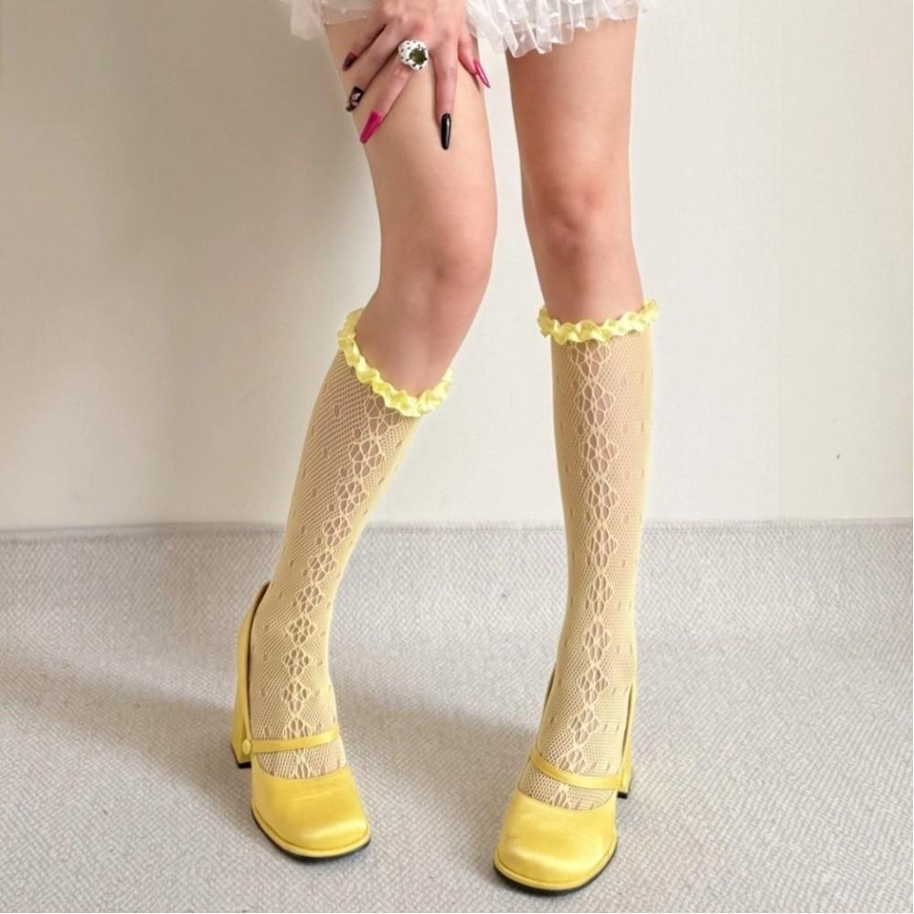 Lace Women's Stockings Solid Color Knee Highs Socks Fashion Pile Calf Socks  Girl