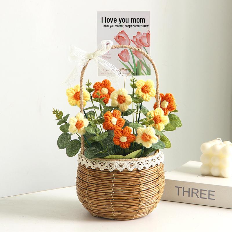 Sonnenblumen Gestrickter Wollstrauß in Handkorb - Geburtstag, Feiertag, Lehrertag, Abschlussgeschenk