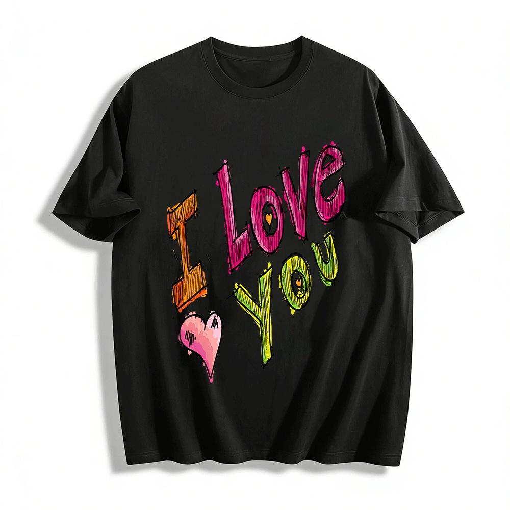 I Love You Heart Print Casual Couple Short Sleeve T-Shirt Pure cotton T-shirt XXS