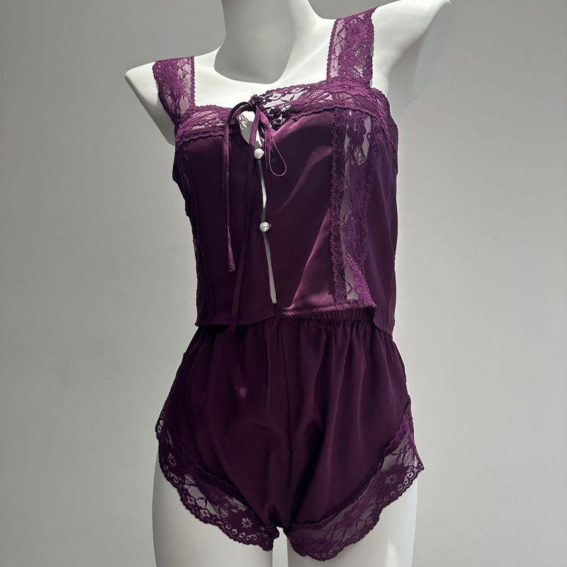 

Rich Woman Purple Dark Purple Sexy Lace Suspenders Pajamas Suit Women s Summer Thin Homewear Satin Ice Silk Rich woman purple (sling + shorts) L