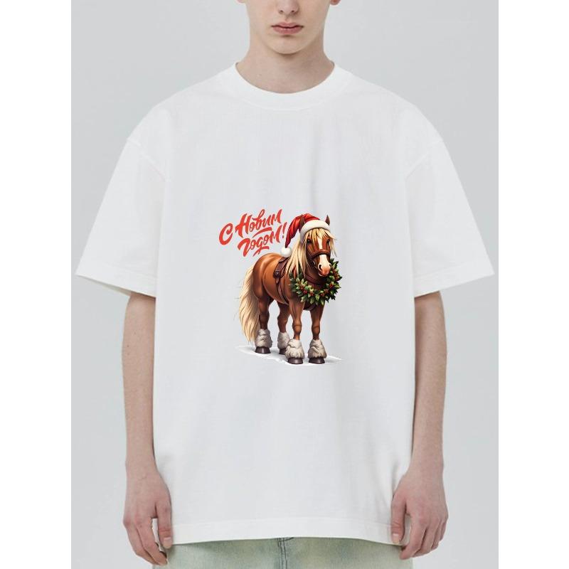 

Christmas Horse T-Shirt Black Horse With Santa Hat And Wreath Print Happy New Year Text Holiday Party Wear XXXXL білий