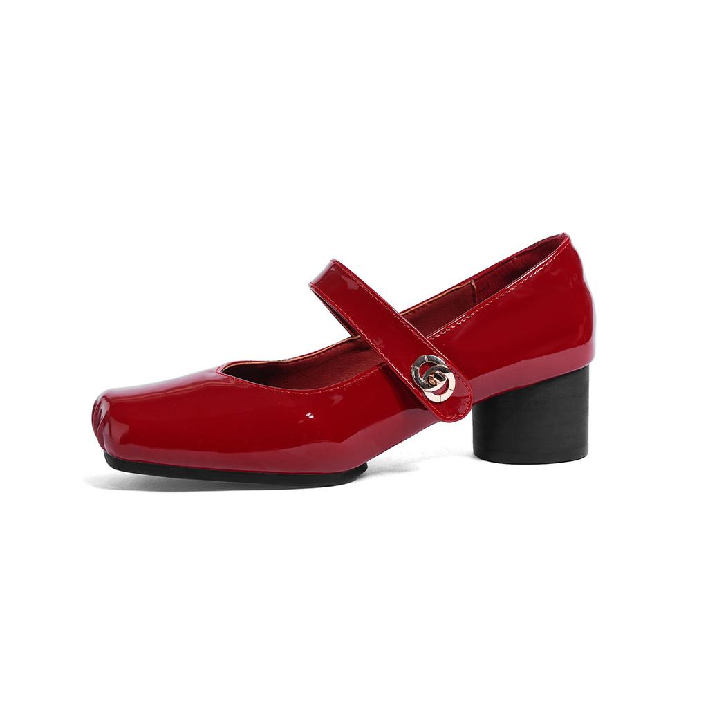 Red Mary Jane Shoes Women's High-heeled Thick-heeled Leather Shoes Spring 2025 New One-button Small Leather Shoes