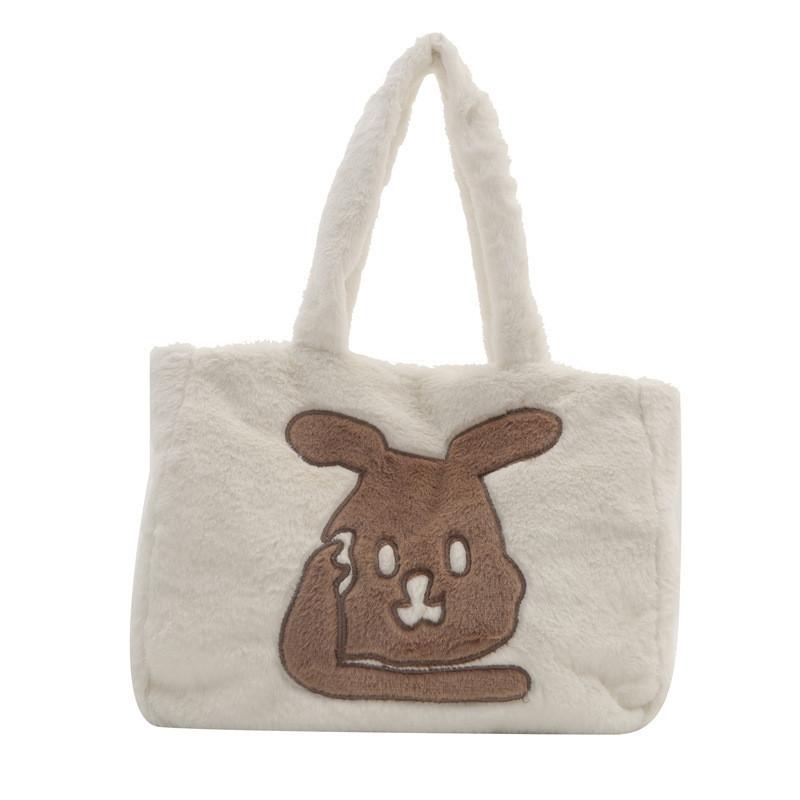 Wholesale Fashion Street Style Large Capacity Plush Tote Bag Women Winter Bunny Embroidery Shoulder Bag