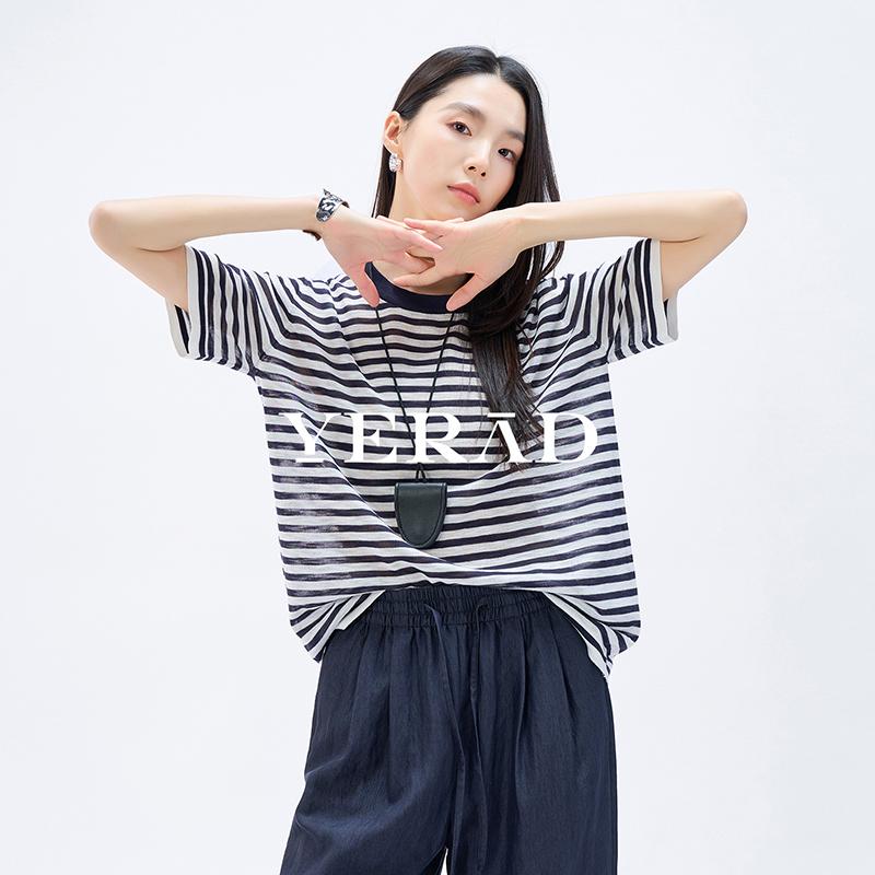 Yalida Women's Relaxed Striped Knitted Short-Sleeved Pullover T-Shirt