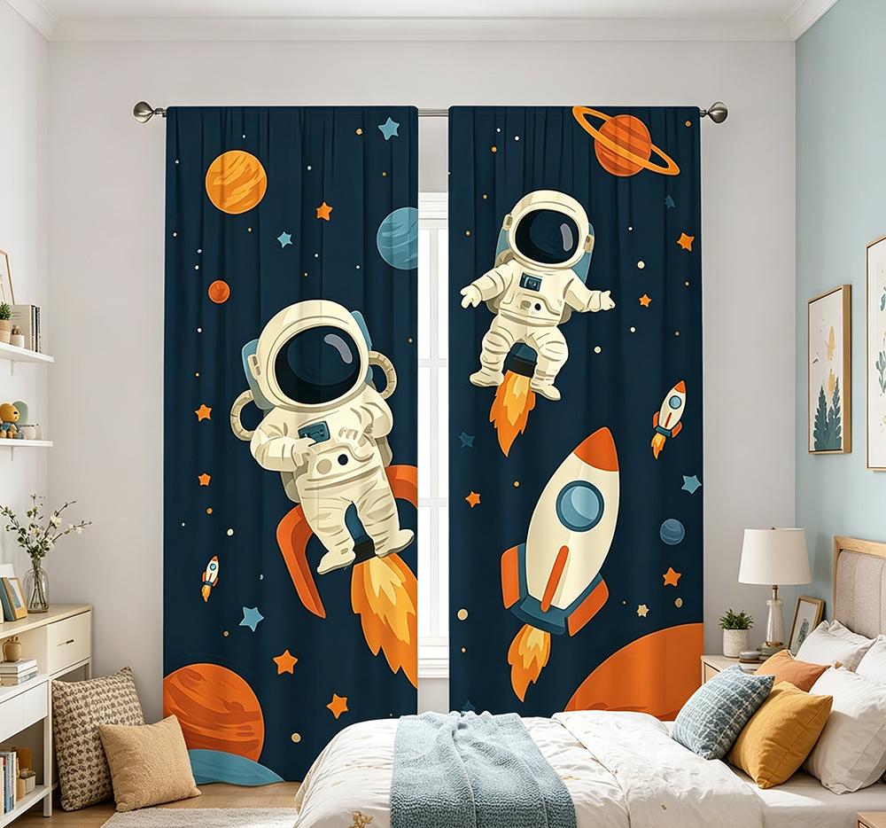 2PCS Digital Printed Curtains with Astronaut Space Design, Stylish Window Drapes for Living Room Bedroom Home Decoration