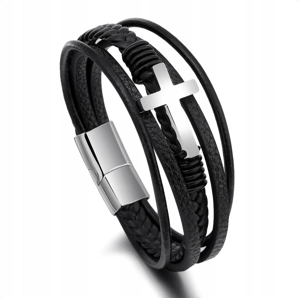Men's Black Leather Bracelet Braided Silver Cross Surgical Steel