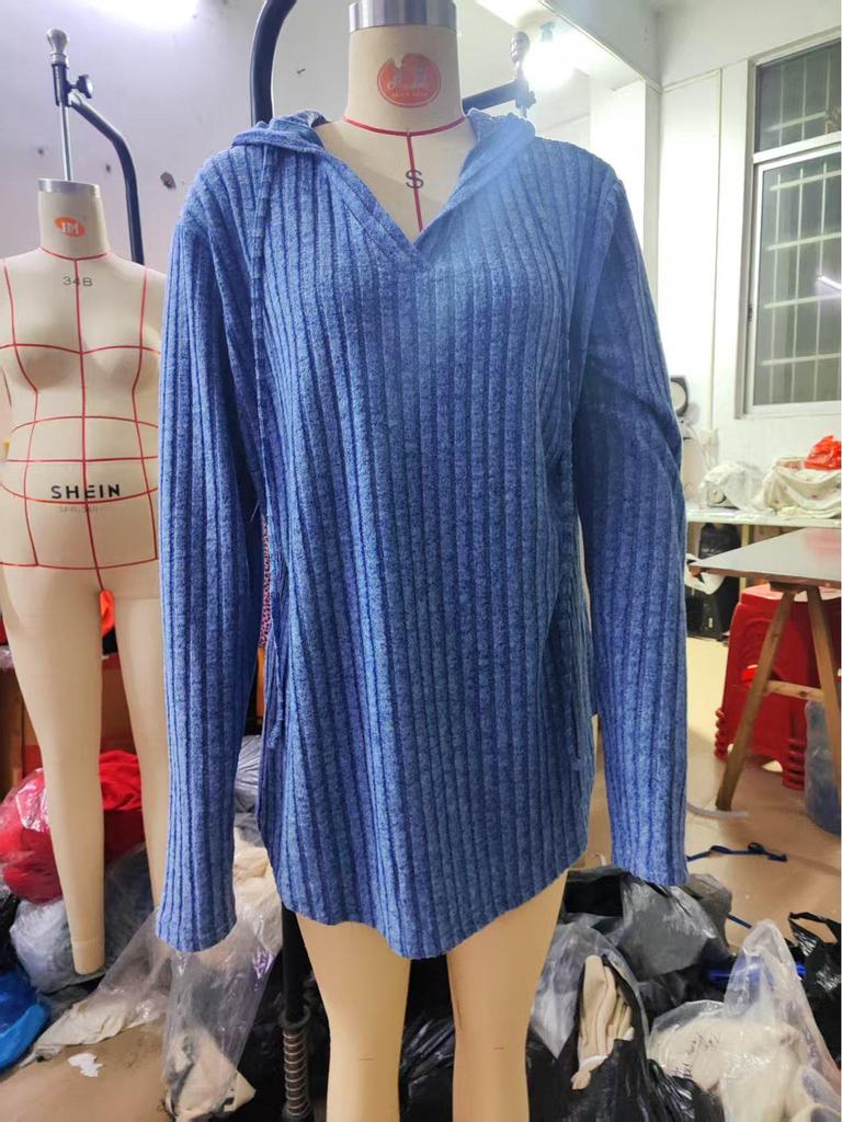 2025 Autumn/Winter Women's Plus Size V-Neck Hooded Ribbed Long Sleeve Loose T-Shirt