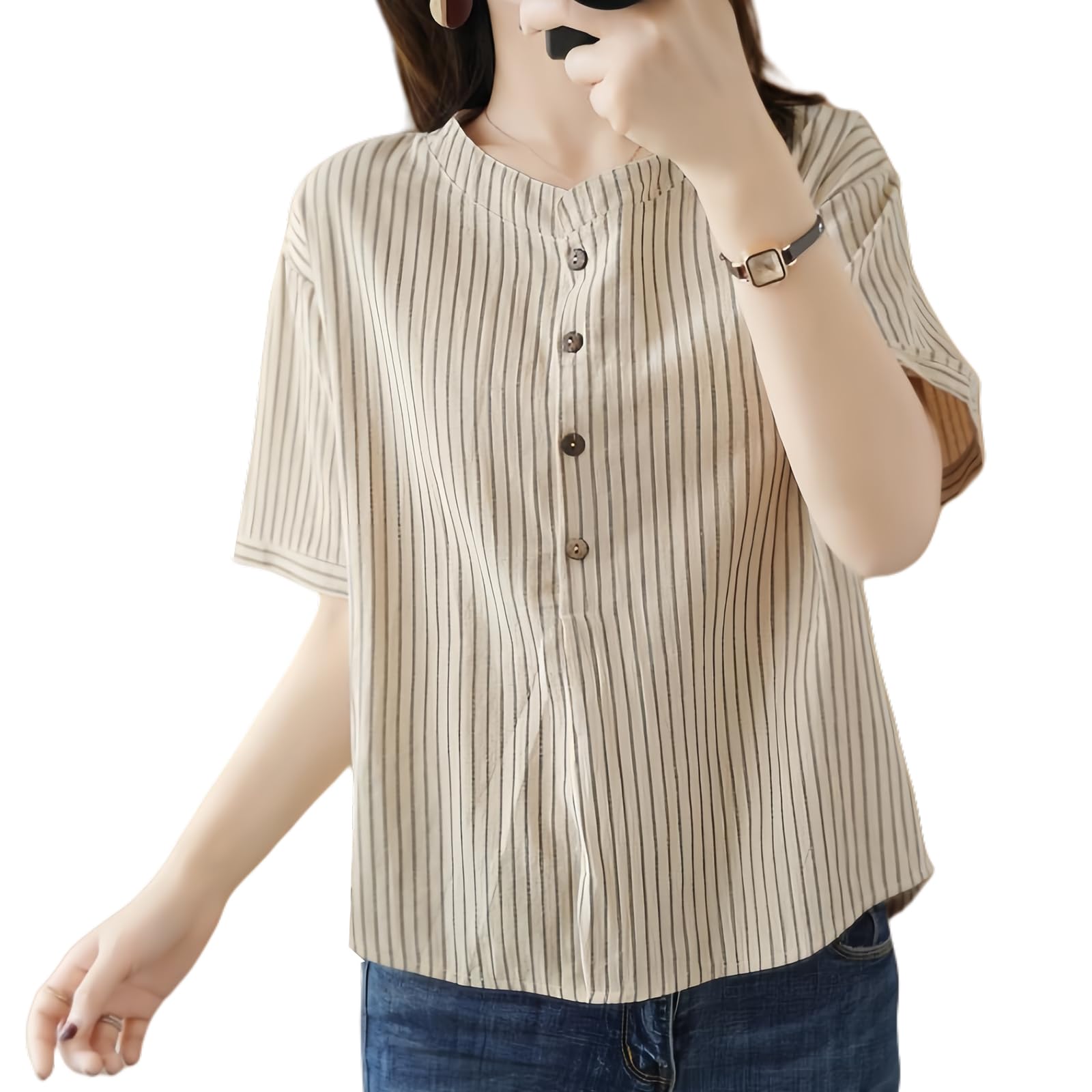 

Короткое округлое тело Офис Лето [Наребуало Циетупооп] Рубашки, Блузки, Женские топы, Рукава, Вырез горловины, Пуговицы, Полоски, Многослойность, Тонкий, Универсальный, абрикосовый