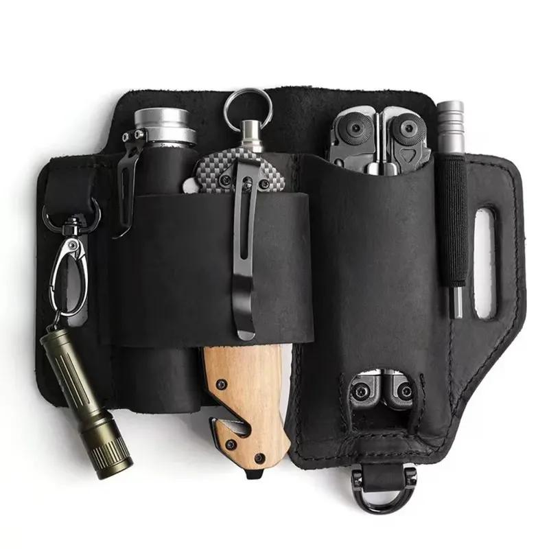 Outdoor EDC Cowhide Tool Holster Multitool Sheath Camping Survival Flashlight Pocket Organizer Key Holder Genuine Leather Tools