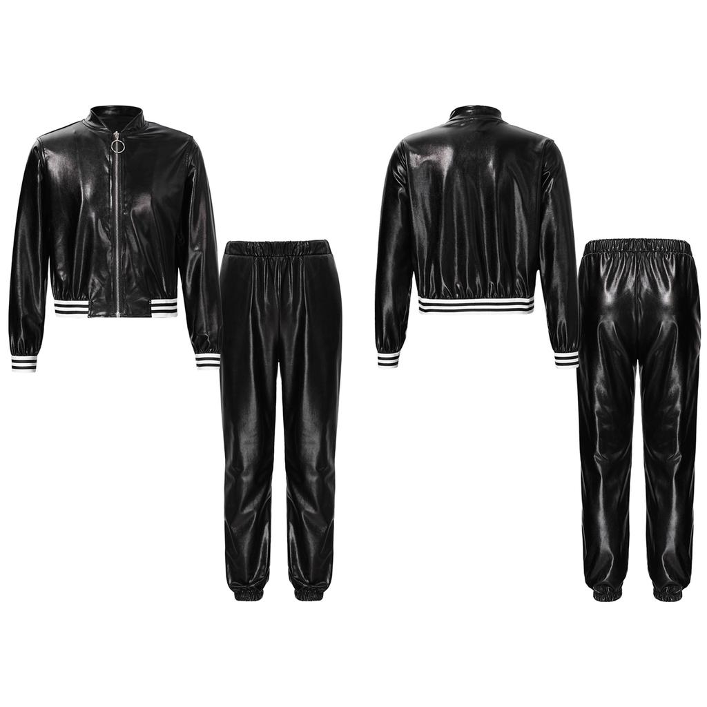 Kids Girls Metallic Long Sleeve Stand Collar Zipper Jacket with High Waist Pants for Sports Workout