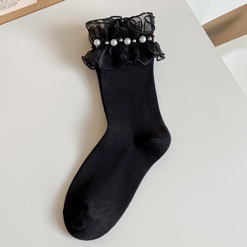 Lolita Style Japanese Kawaii Women Socks Cute Frilly Ruffle Socks Solid White Black Mesh Lace Girls Sweet Harajuku Short Socks