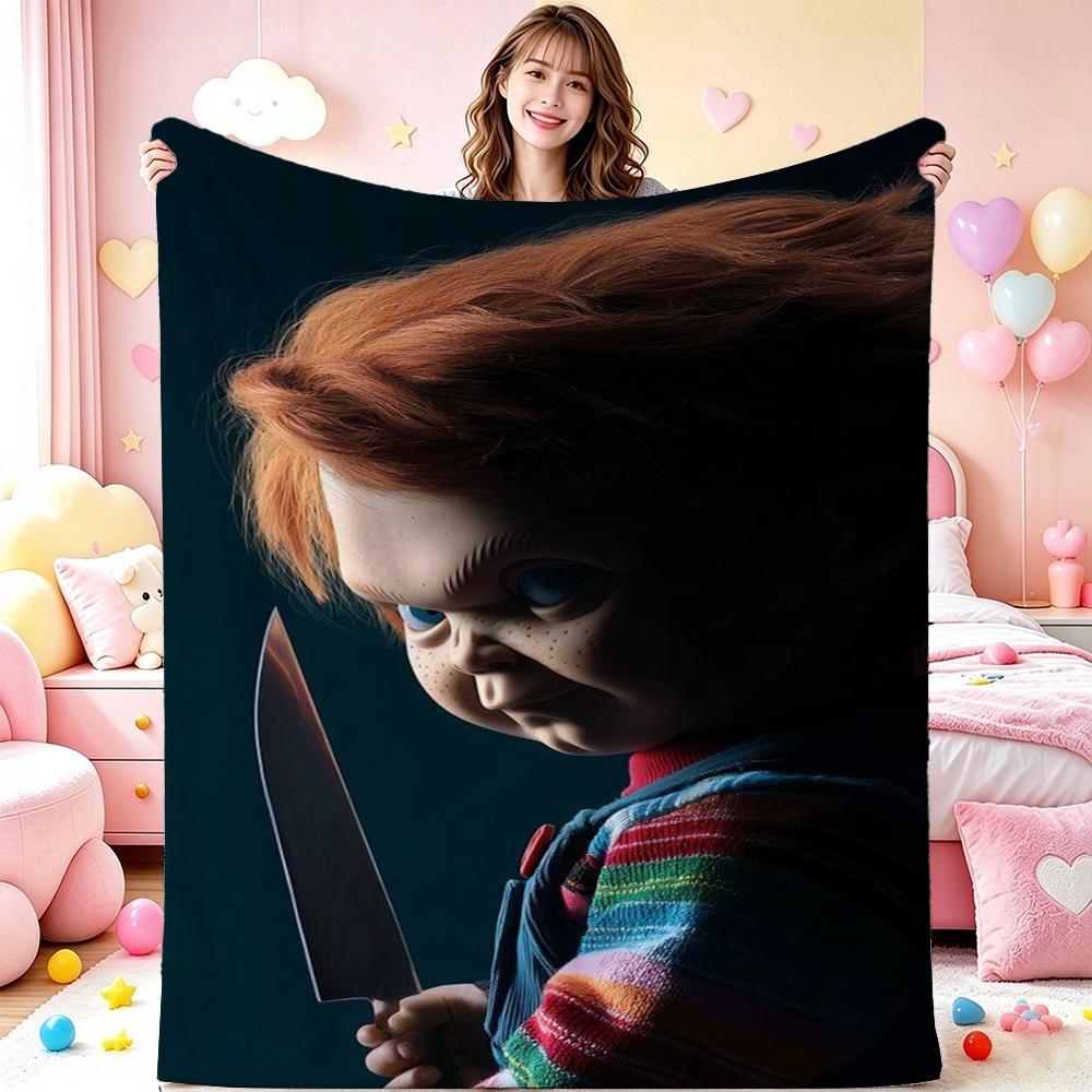 Good Guys Classic Horror Doll Pattern Theme Flannel Blanket Warm Comfortable Fleece Blanket For Office Sofa Party Decor Halloween Gift