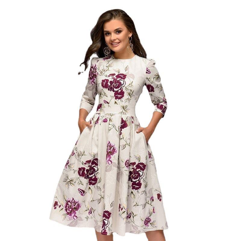 Vestido de fiesta vintage floral de corte A para mujer, con mangas de siete puntos y cuello redondo.