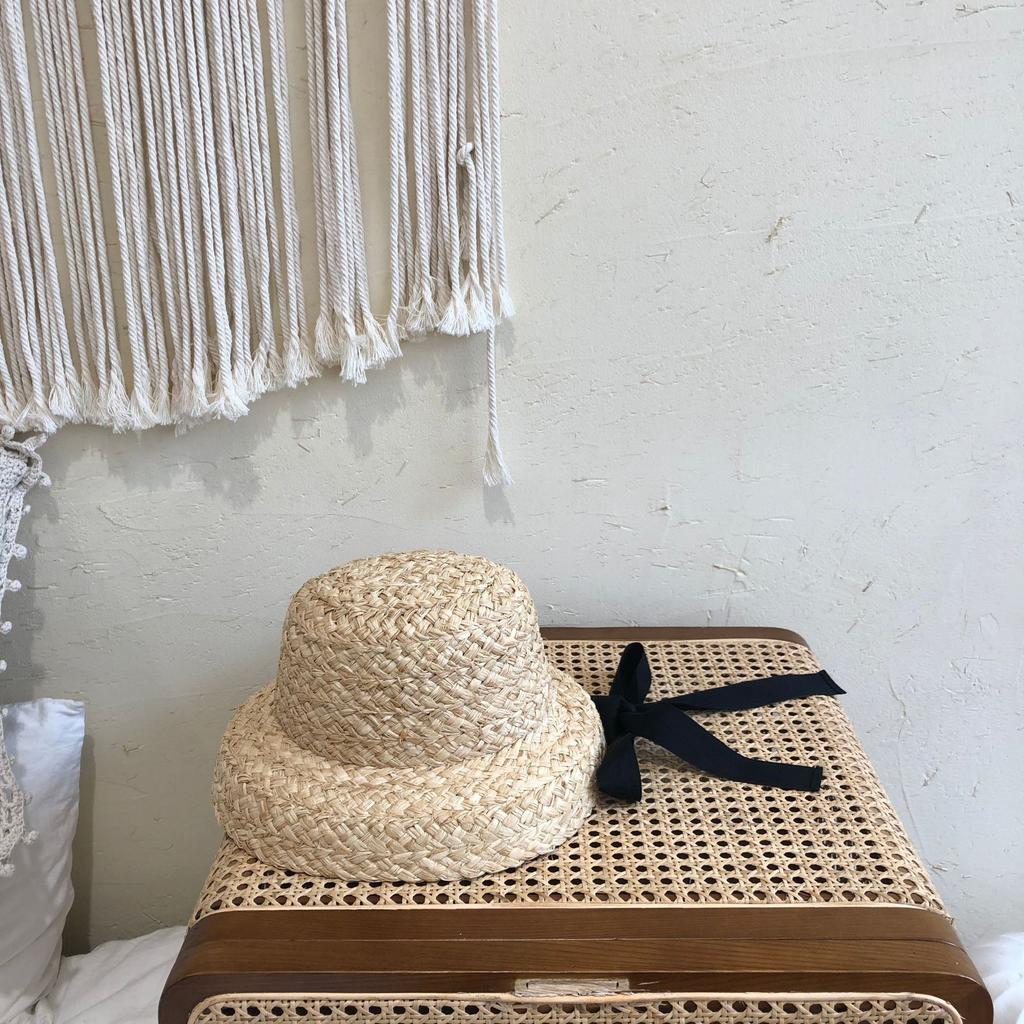 New baby summer outing French niche style children's Lafite straw hat sweet Hepburn style sun protection bucket hat