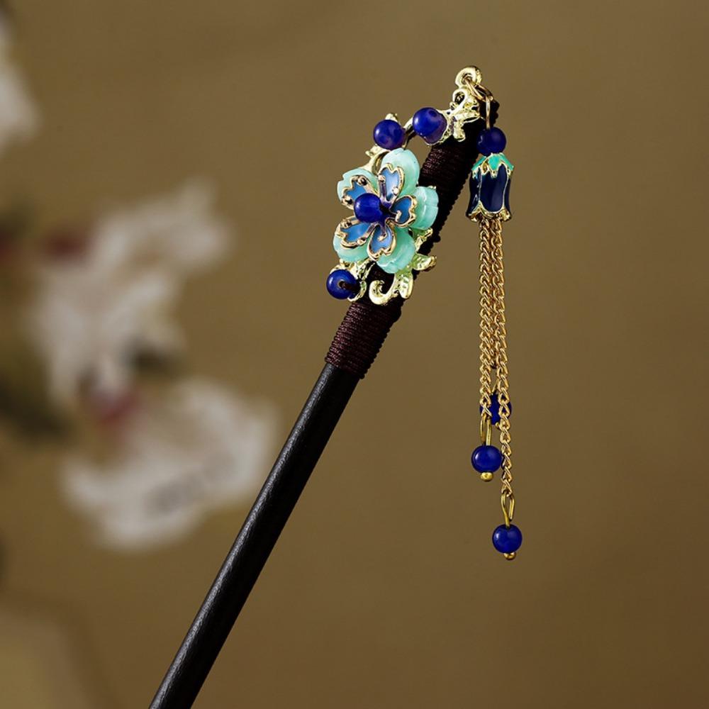 Decorative Chinese Style Flower Hair Sticks Handmade with Tassel Hair Chopsticks Retro Hair Fork Wooden Hairpin for Hanfu