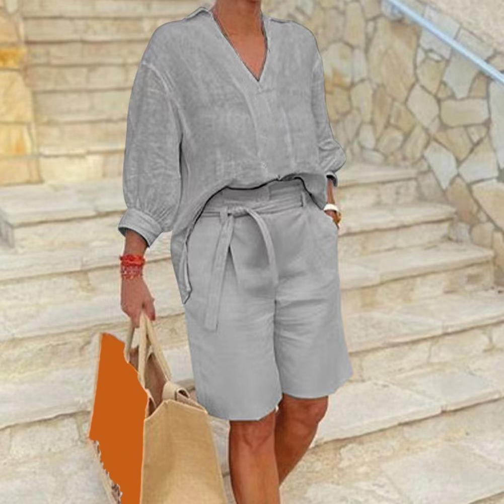 

Women s Cotton Linen Two Piece Outfit Casual V-Neck Half Sleeve Lapel Shirt And Belted Wide Leg Shorts Summer Lounge Set 5XL сірий