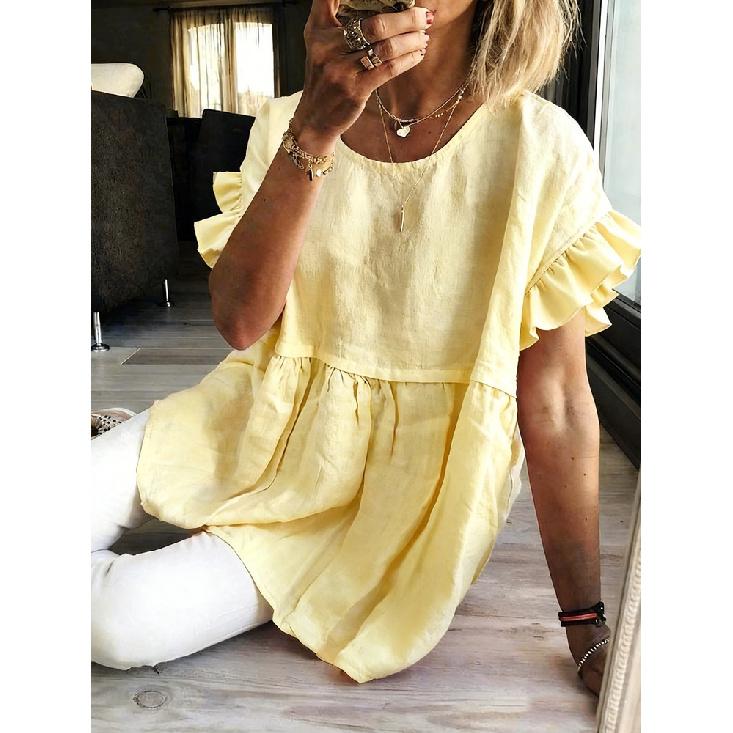 2026 New Women's Summer Solid Color Round Neck Short Sleeve Ruched Top T-Shirt