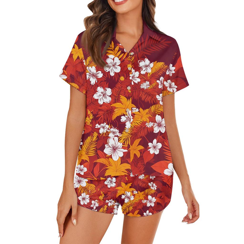 Women's Ice Silk Pajamas Button Homewear Hawaiian Print Short Sleeve Satin Pajama Set