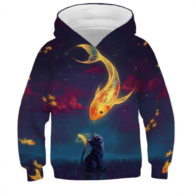 Autumn 3D Cat Printed Hoodies Fashionable Casual Sports Long Sleeved Children's Boy Hooded Sweatshirts