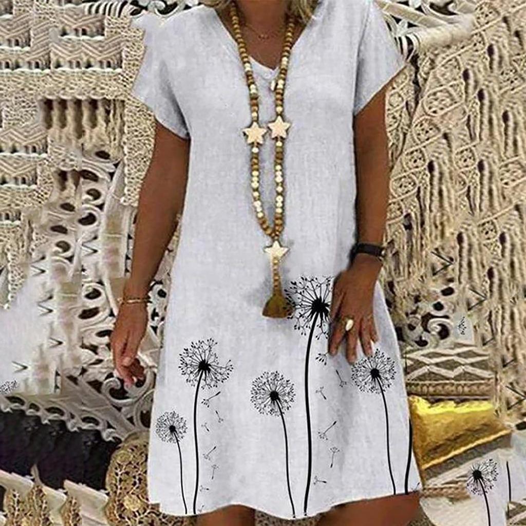 Loose Fit Mid-Length Dress with Off Shoulder Design and Printed Pattern Casual Summer Beachwear for Women