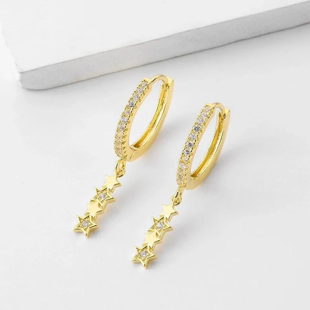 Punk Sterling Silver Star Stud Earring Rhinestone Glitter Circle Gold Color Earrings for Women Stylish Earrings 2025 Wholesale