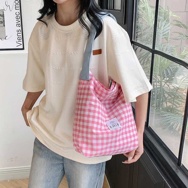 Large Capacity Fashionable Tote Bag For Women 2024 Street Style Trendy Grid Pattern Shoulder Bag