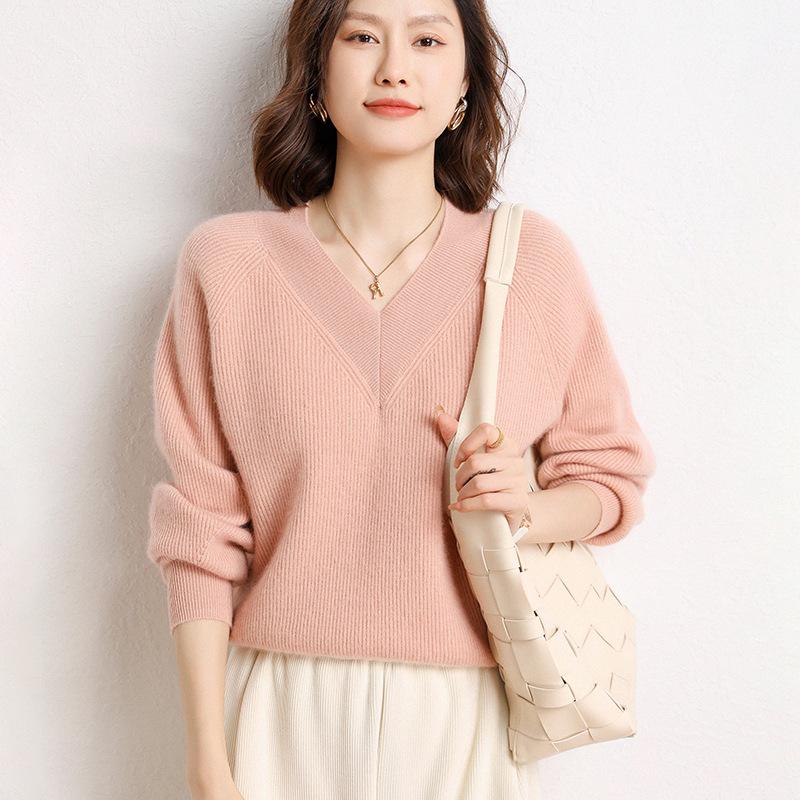 2024 Autumn/Winter Women's V-neck Cashmere Sweater - Long Sleeve, Thickened, Loose Knit Pullover