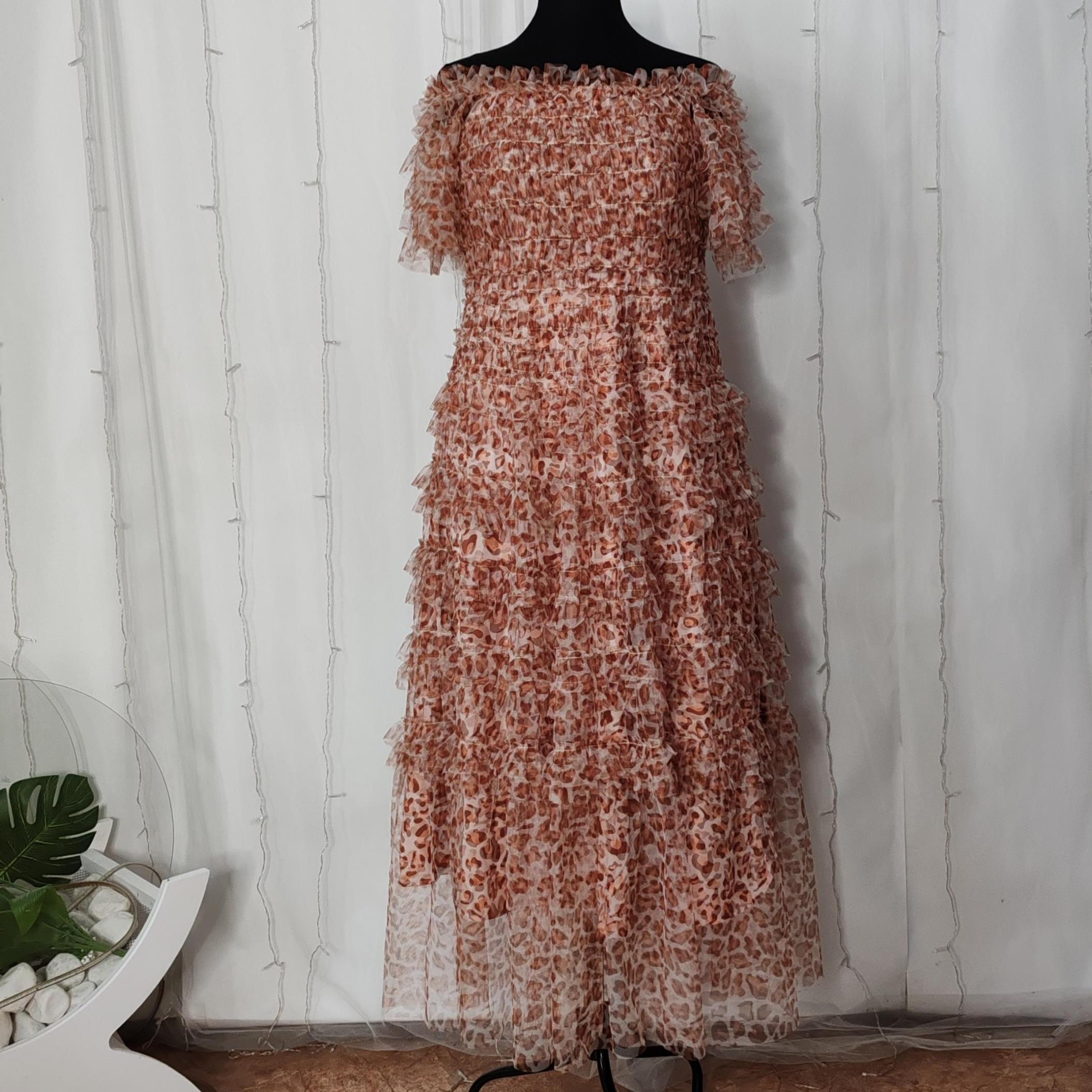 

Роскошные женские подиумные эластичные сетчатые выпускные платья с вырезом-лодочкой, длинное платье для выпускного вечера, новые летние каскадные оборки с цветочным принтом, праздничные черные женские платья XXL коричневый