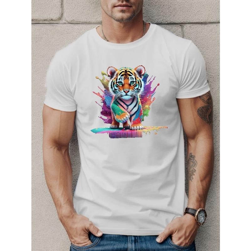 European Size Men's Casual Tiger Print Short Sleeve T-Shirt - Breathable Polyester, Round Neck, Machine Washable - Perfect for Summer